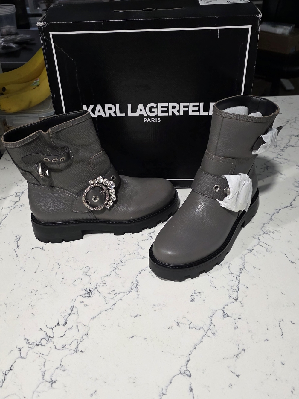 Karl Lagerfeld Gray Leather Jewel-Embellished Lug Boots
